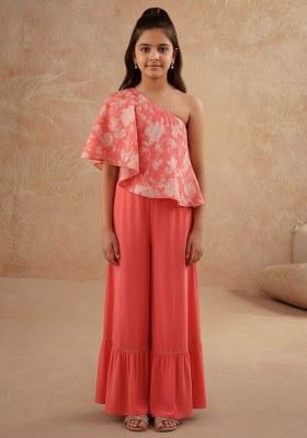 Girls Orange Floral Print Satin Fusion Set