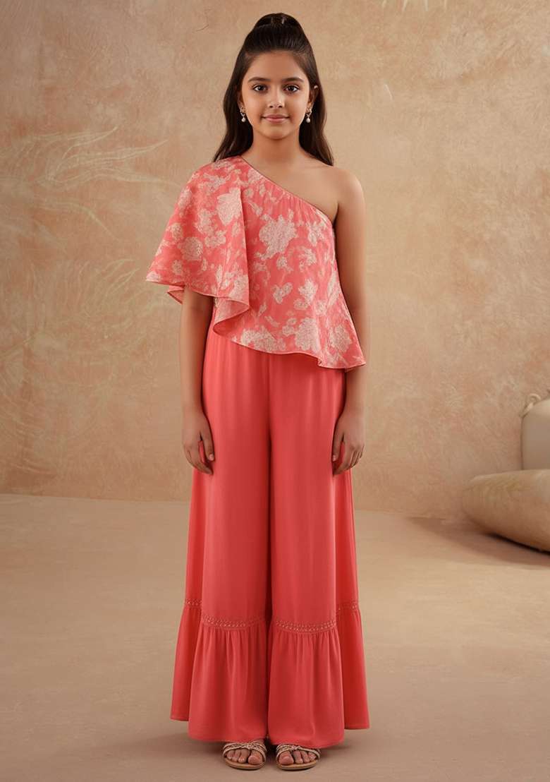 Girls Orange Floral Print Satin Fusion Set - Indya