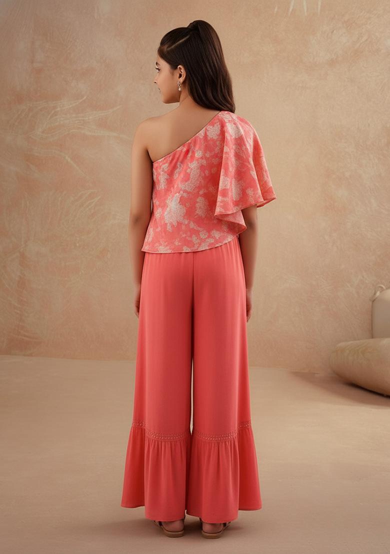 Girls Orange Floral Print Satin Fusion Set - Indya