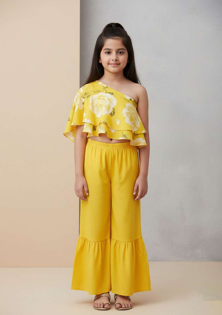 Girls Yellow Floral Print Satin Fusion Set - Indya