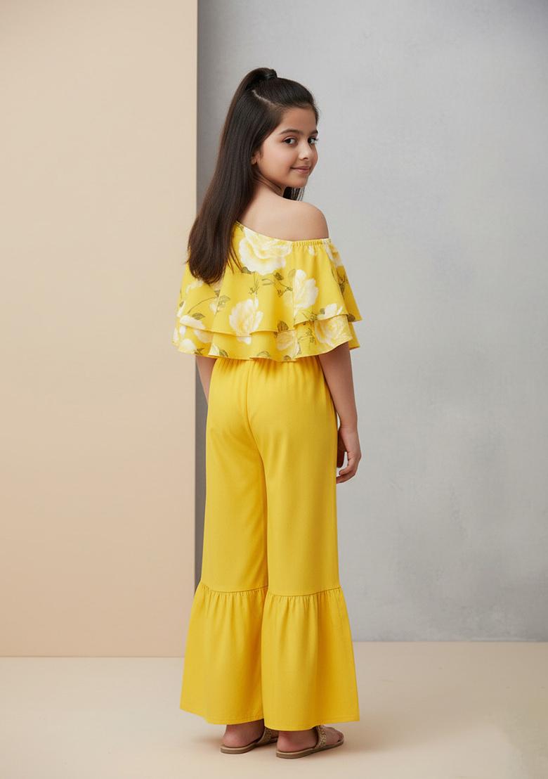 Girls Yellow Floral Print Satin Fusion Set - Indya