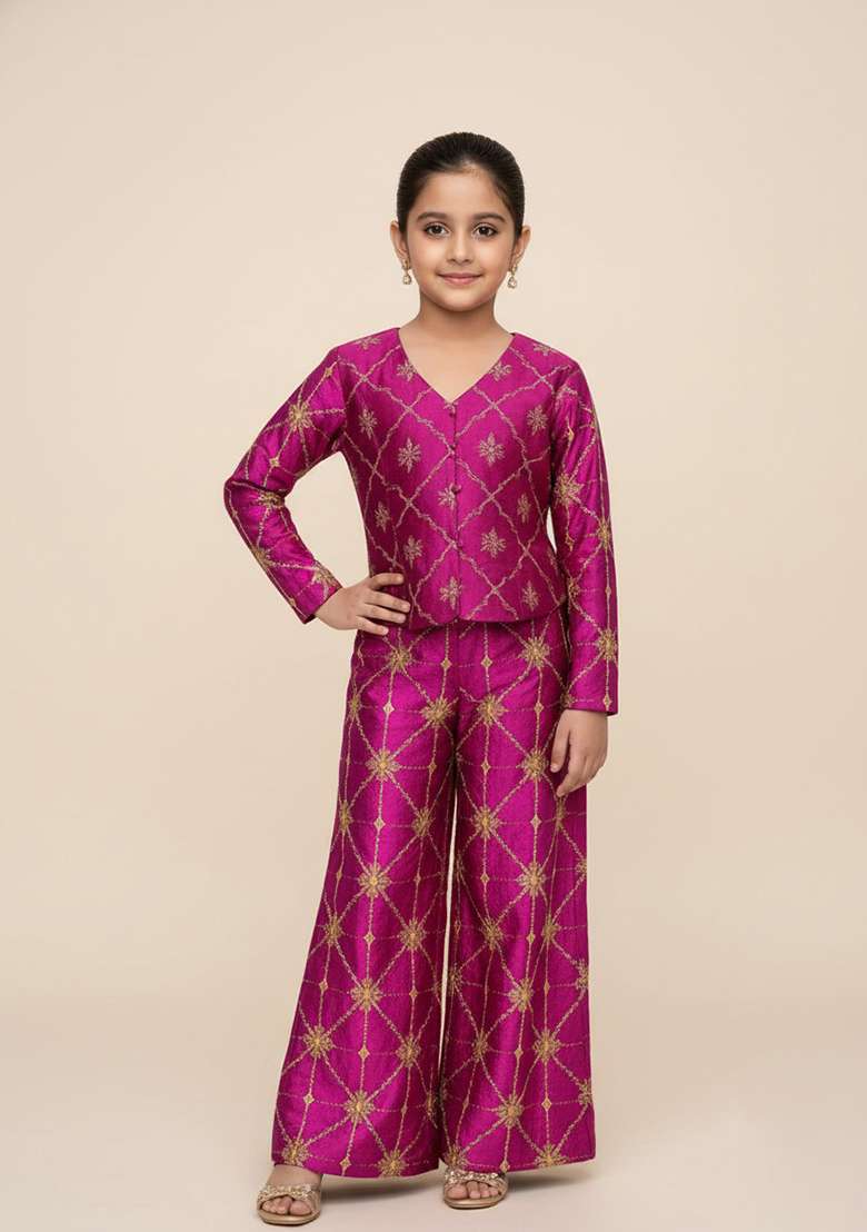 Girls Wine Embroidered Silk Fusion Set - Indya