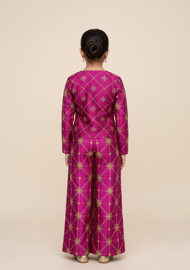 Girls Wine Embroidered Silk Fusion Set - Indya