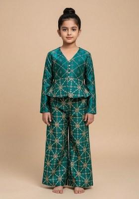 Girls Green Embroidered Silk Fusion Set