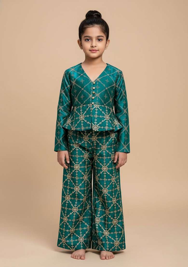 Girls Green Embroidered Silk Fusion Set - Indya