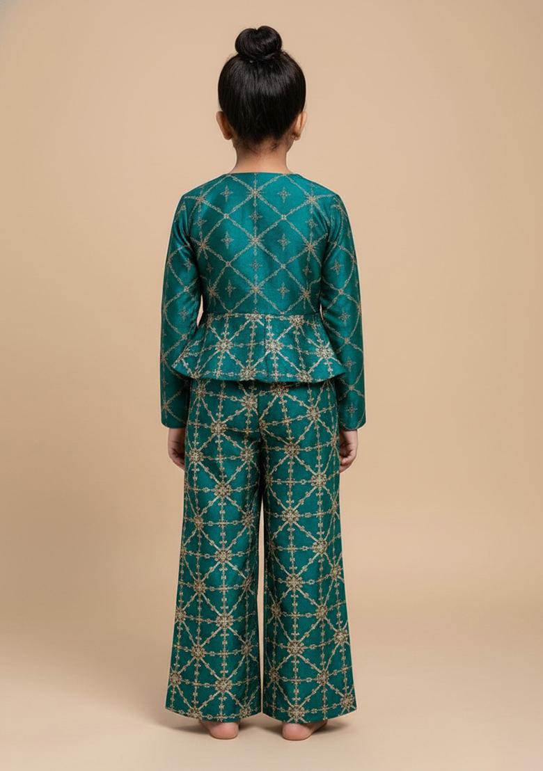 Girls Green Embroidered Silk Fusion Set - Indya