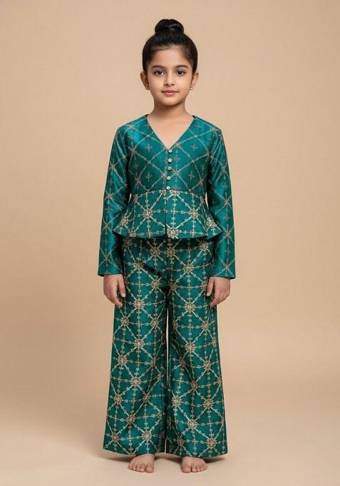 Girls Green Embroidered Silk Fusion Set