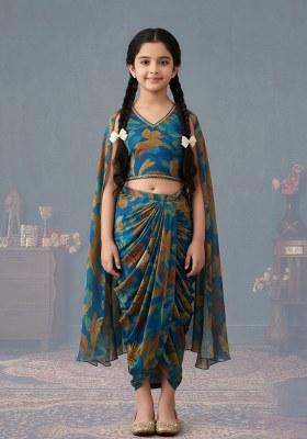 Girls Blue Abstract Print Chiffon Fusion Set