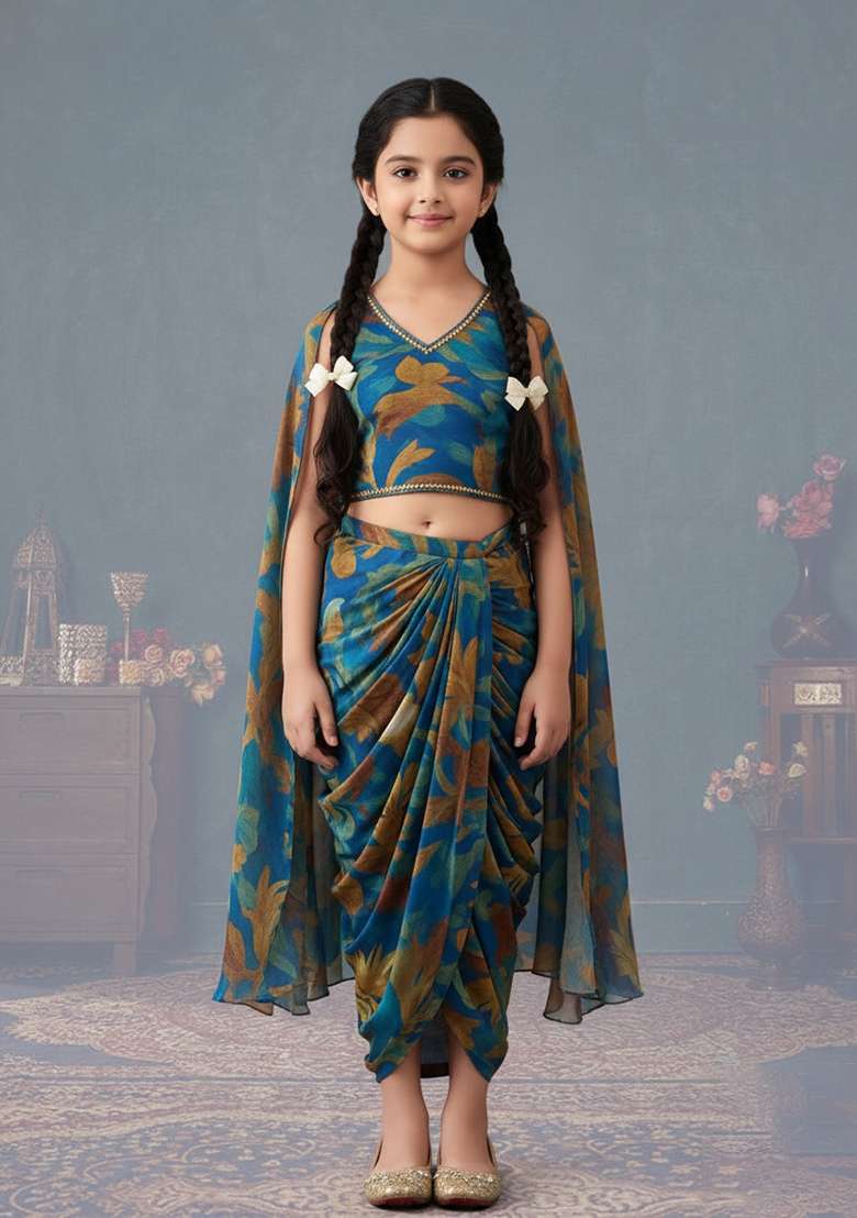 Girls Blue Abstract Print Chiffon Fusion Set - Indya