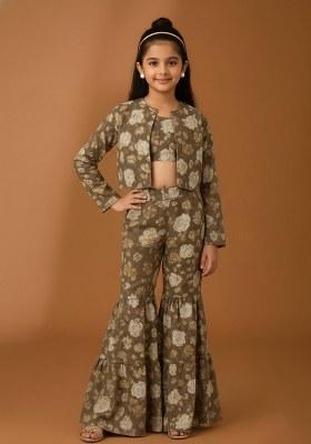 Girls Light Brown Floral Print Satin Fusion Set