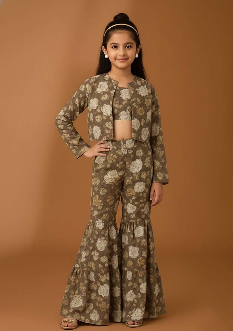 Girls Light Brown Floral Print Satin Fusion Set - Indya