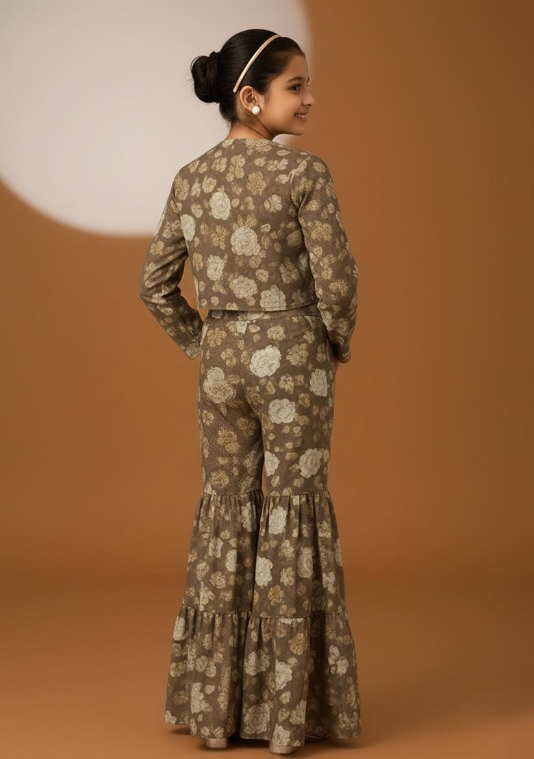 Girls Light Brown Floral Print Satin Fusion Set - Indya