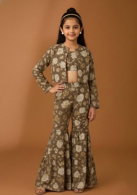 Girls Light Brown Floral Print Satin Fusion Set
