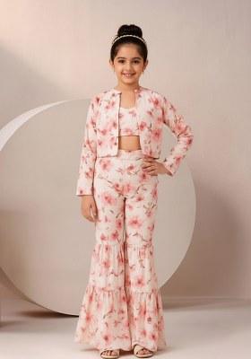 Girls White Floral Print Satin Fusion Set