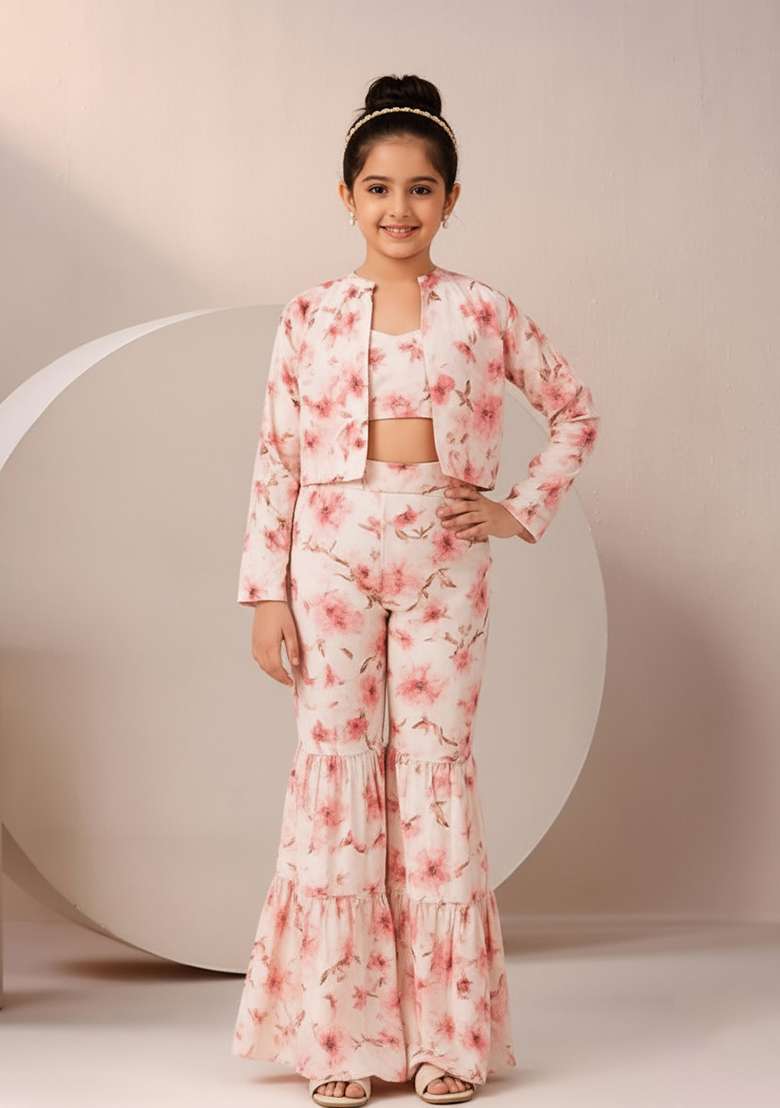 Girls White Floral Print Satin Fusion Set - Indya