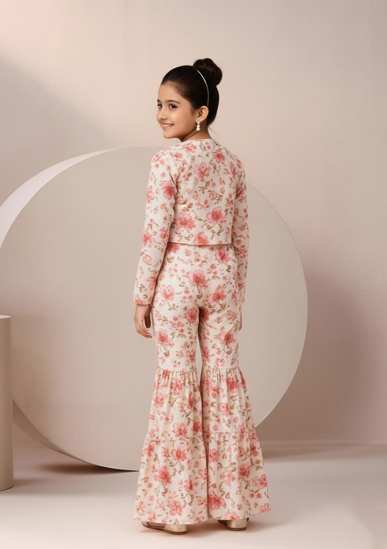Girls White Floral Print Satin Fusion Set - Indya