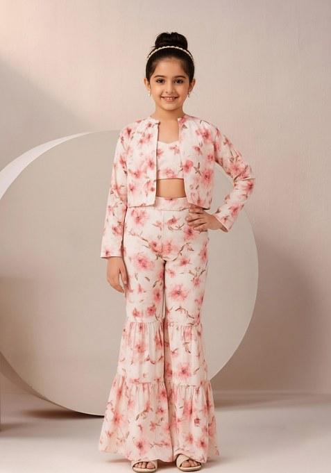 Girls White Floral Print Satin Fusion Set