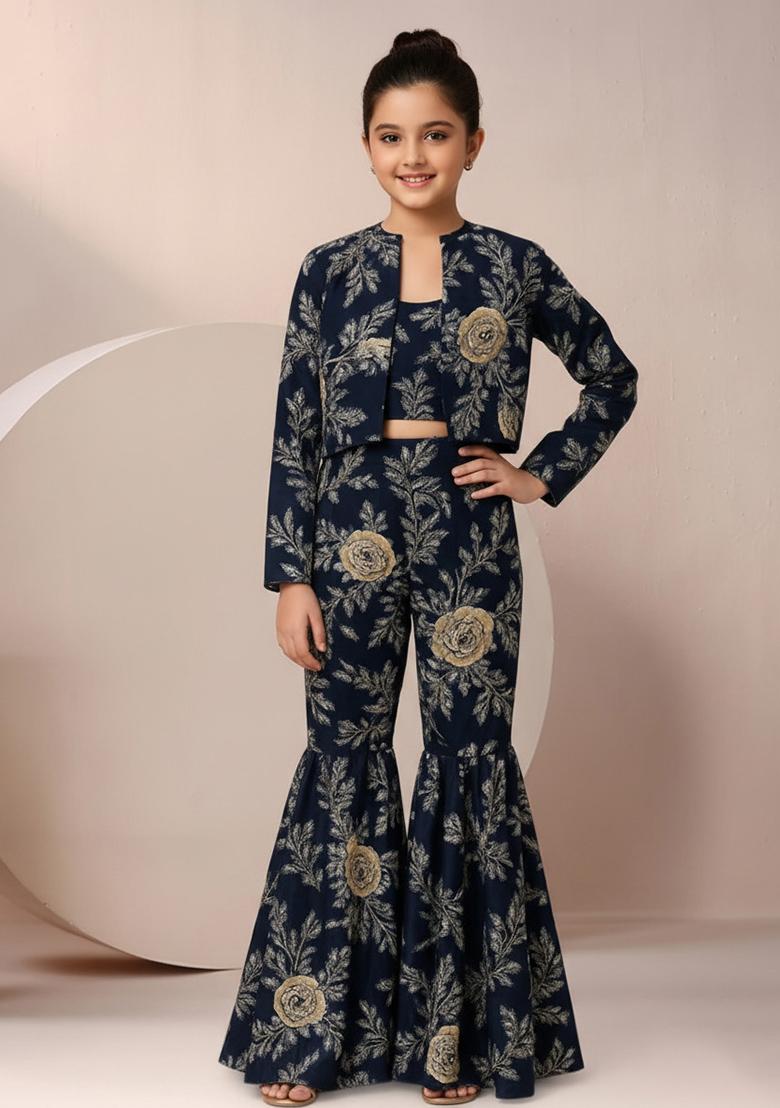 Girls Navy Blue Floral Print Satin Fusion Set - Indya