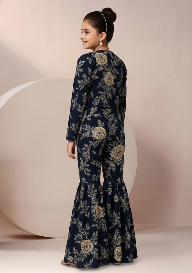 Girls Navy Blue Floral Print Satin Fusion Set - Indya