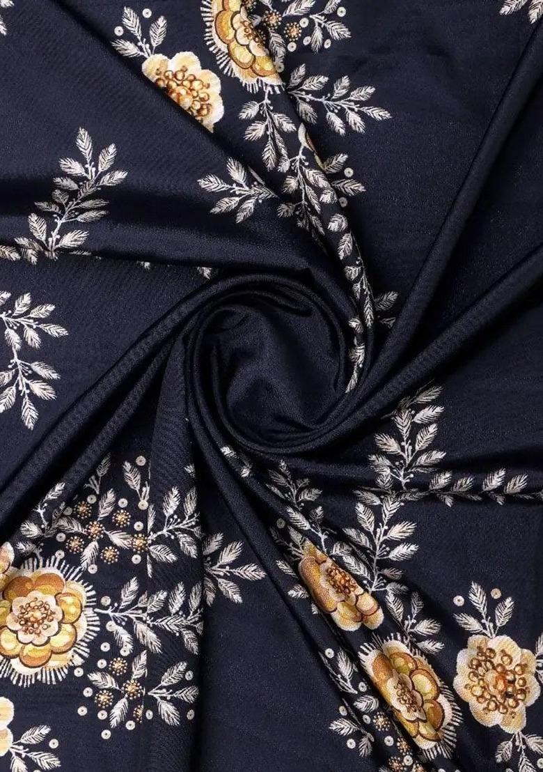 Girls Navy Blue Floral Print Satin Fusion Set - Indya