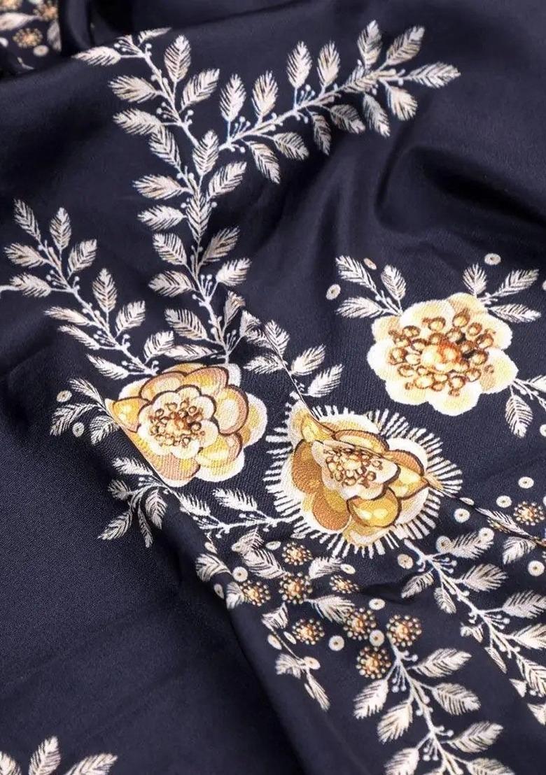 Girls Navy Blue Floral Print Satin Fusion Set - Indya