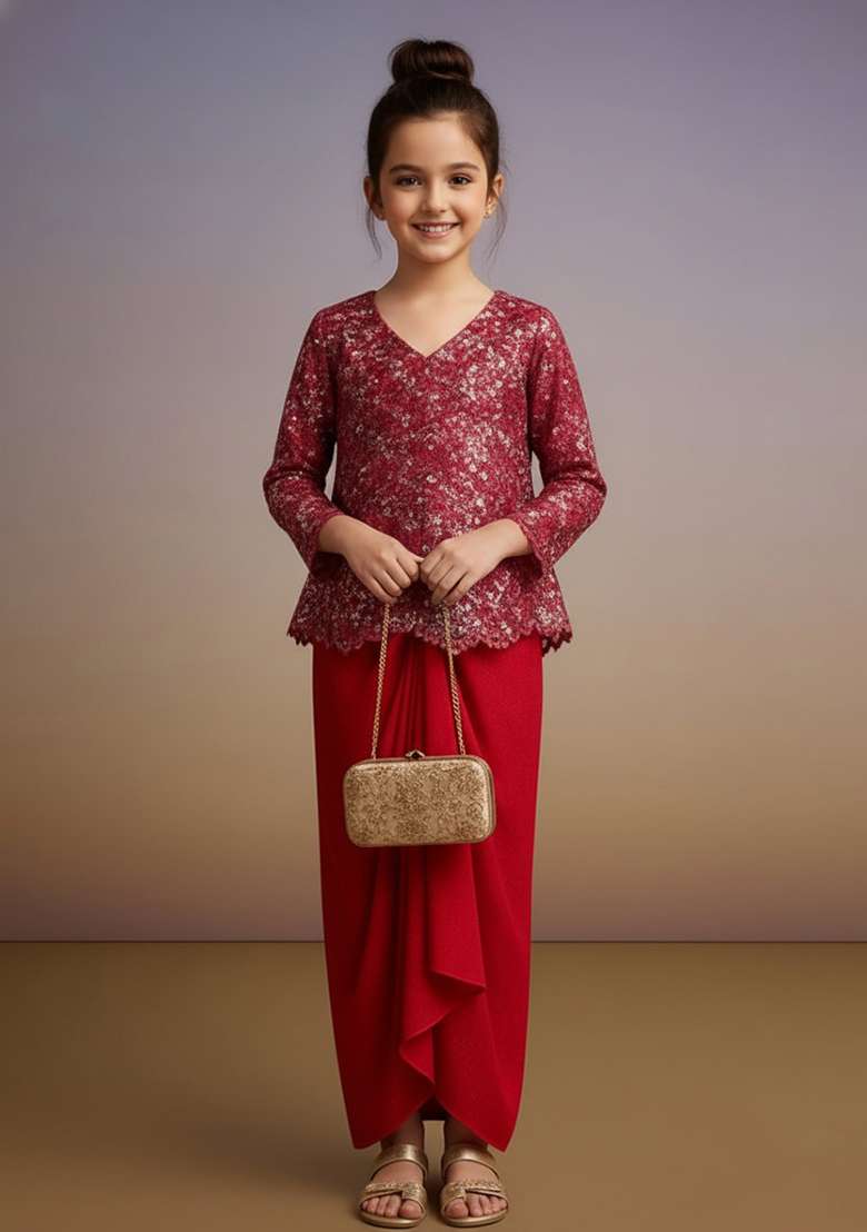 Girls Red Sequin Net Fusion Set - Indya