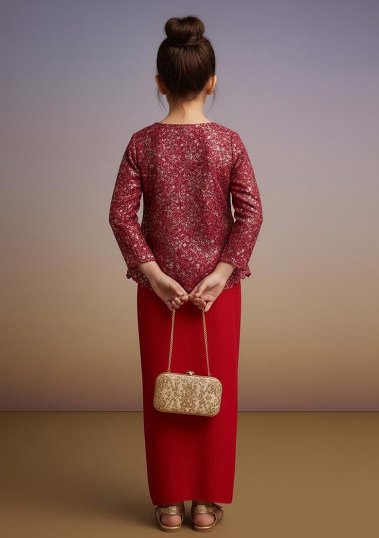 Girls Red Sequin Net Fusion Set - Indya