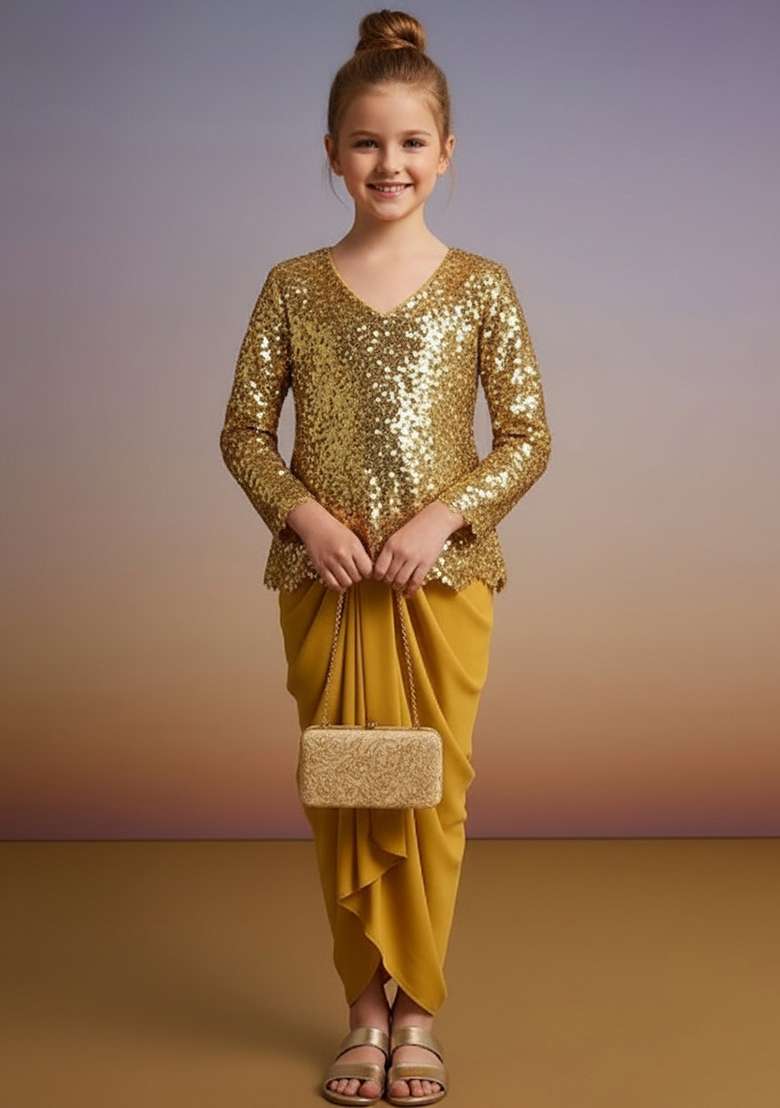 Girls Golden Sequin Net Fusion Set - Indya