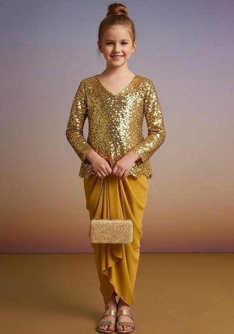 Girls Golden Sequin Net Fusion Set