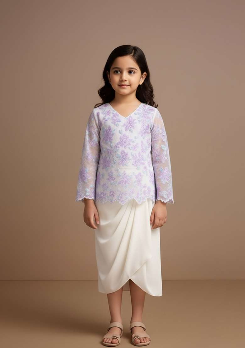 Girls White Sequin Net Fusion Set - Indya