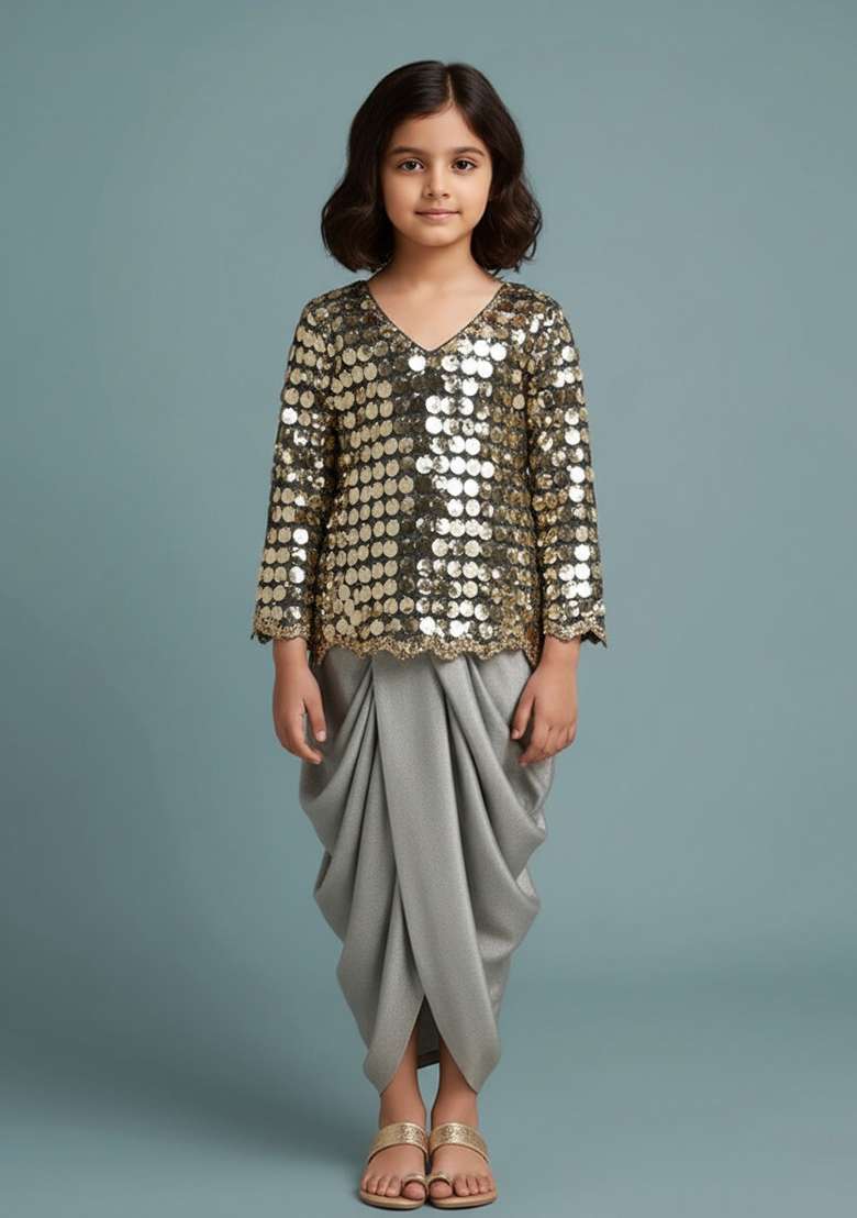Girls Grey Sequin Net Fusion Set - Indya