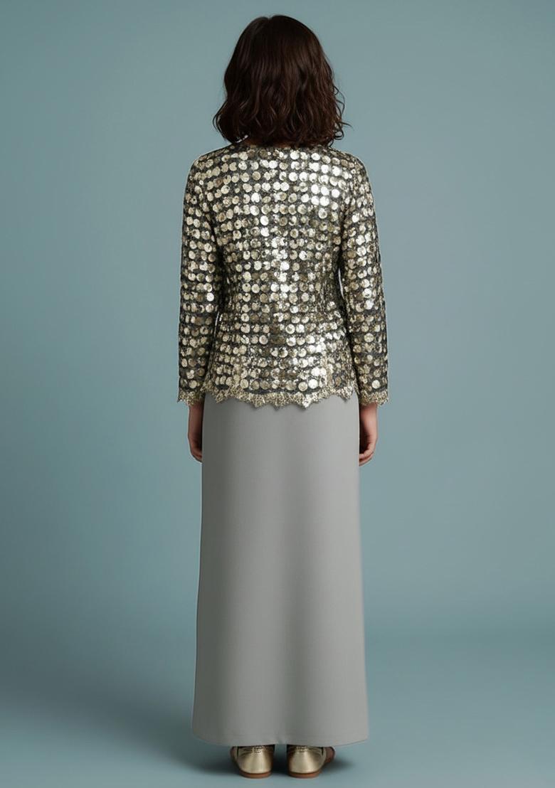 Girls Grey Sequin Net Fusion Set - Indya