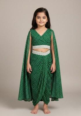 Girls Green Bandhani Print Crepe Fusion Set