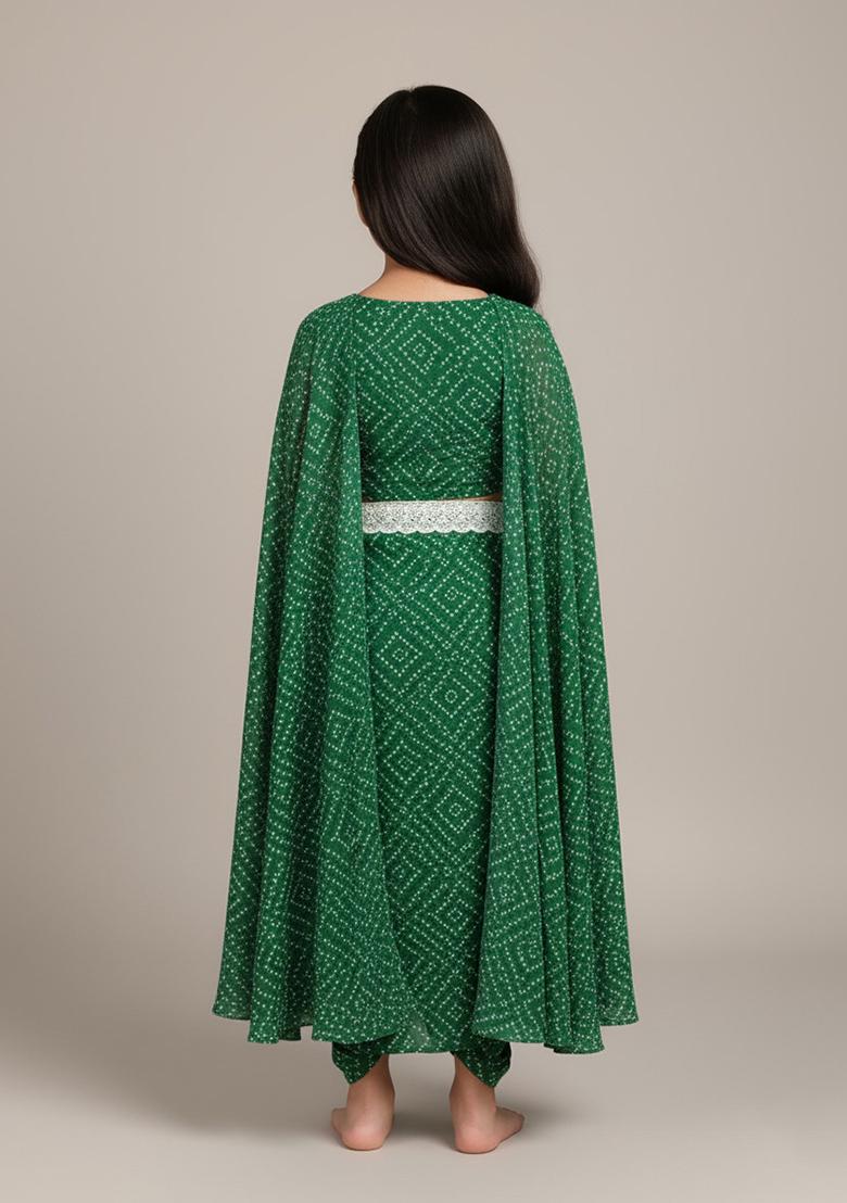 Girls Green Bandhani Print Crepe Fusion Set - Indya