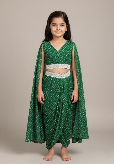 Girls Green Bandhani Print Crepe Fusion Set