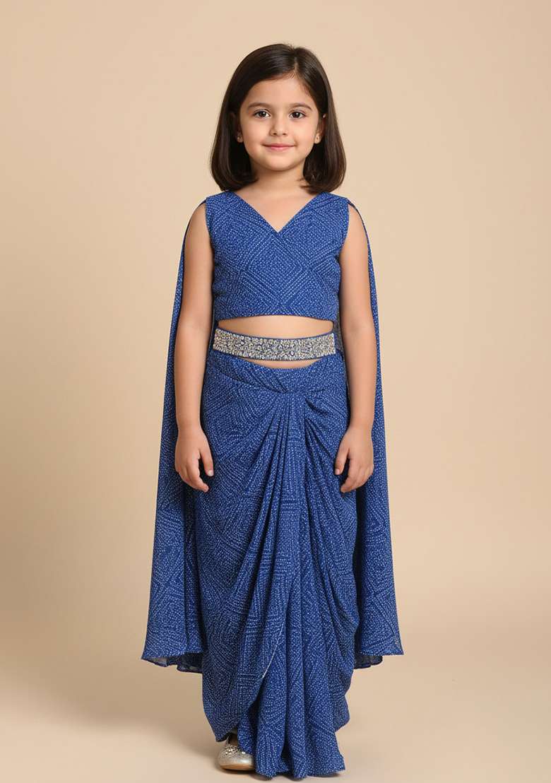 Girls Blue Bandhani Print Crepe Fusion Set - Indya