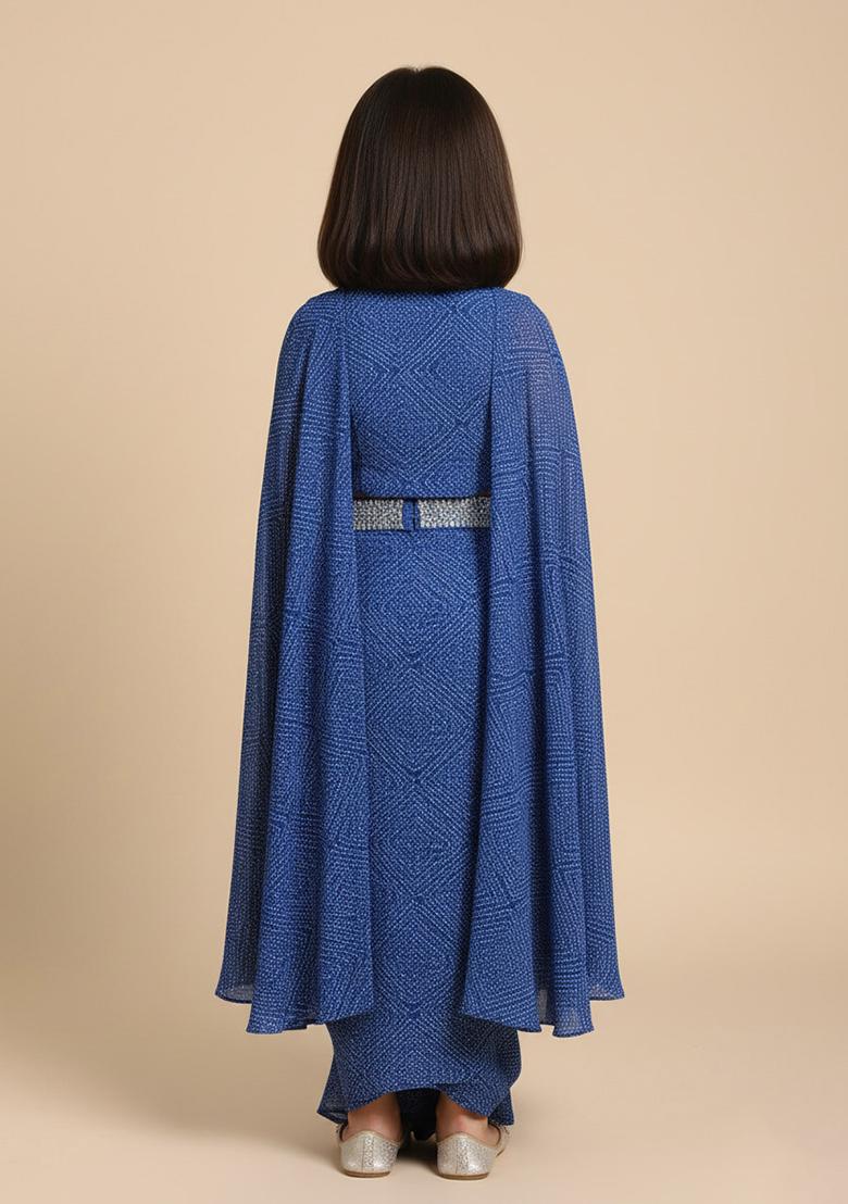 Girls Blue Bandhani Print Crepe Fusion Set - Indya
