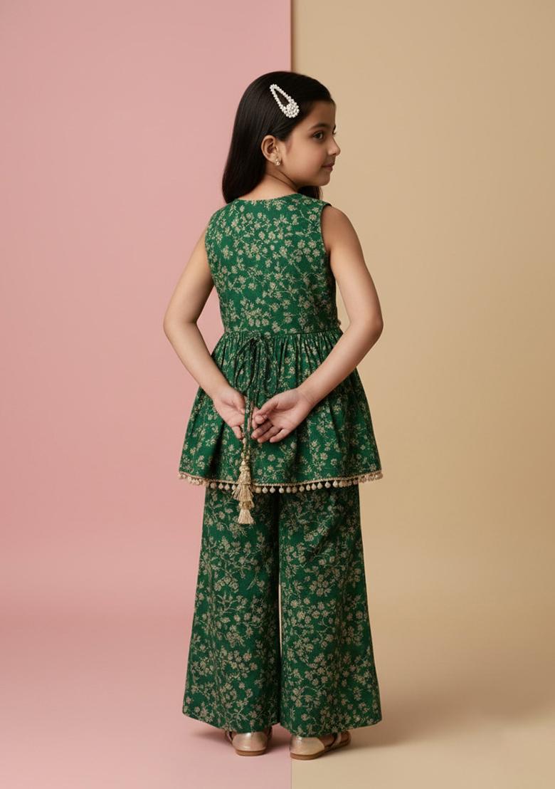 Girls Green Embroidered Georgette Fusion Set - Indya