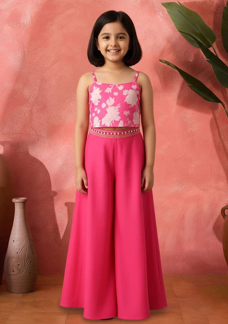 Girls Pink Floral Print Satin Fusion Set - Indya