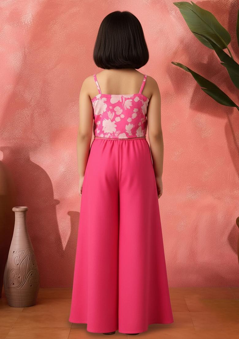 Girls Pink Floral Print Satin Fusion Set - Indya