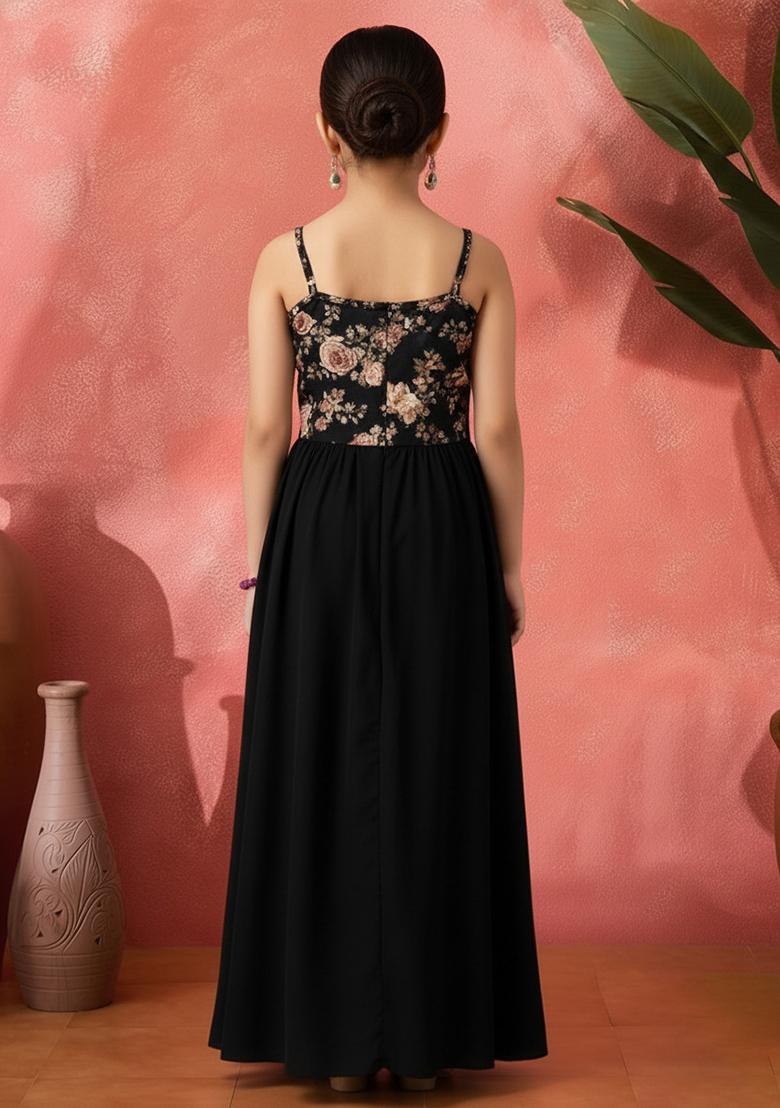 Girls Black Floral Print Satin Fusion Set - Indya