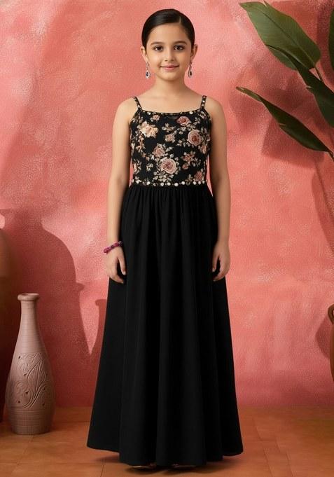 Girls Black Floral Print Satin Fusion Set