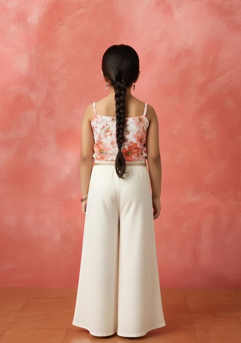 Girls White Floral Print Satin Fusion Set - Indya