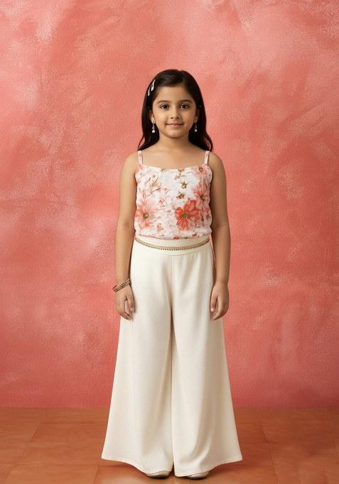 Girls White Floral Print Satin Fusion Set