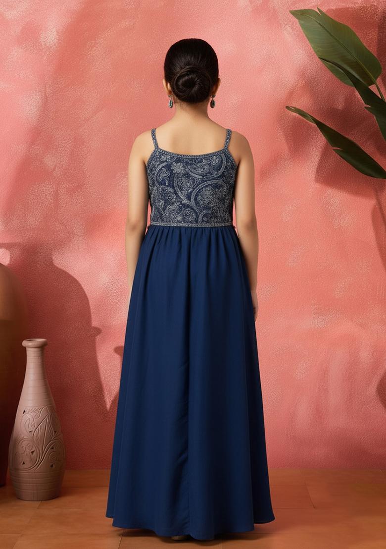 Girls Blue Paisley Print Satin Fusion Set - Indya