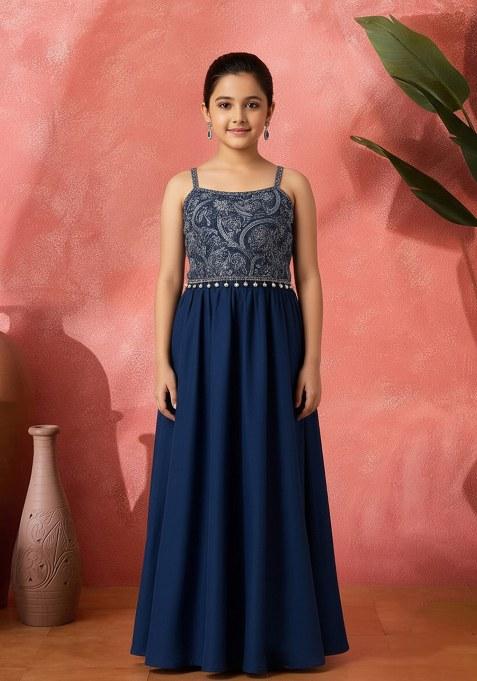 Girls Blue Paisley Print Satin Fusion Set