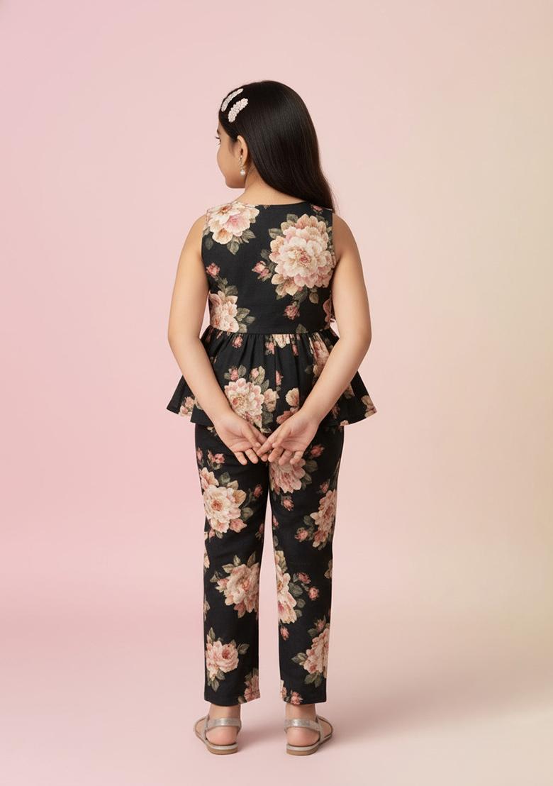 Girls Navy Blue Floral Print Satin Fusion Set - Indya