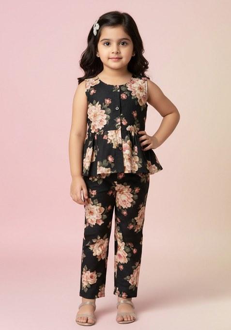 Girls Navy Blue Floral Print Satin Fusion Set