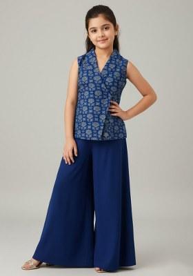 Girls Blue Floral Print Silk Fusion Set