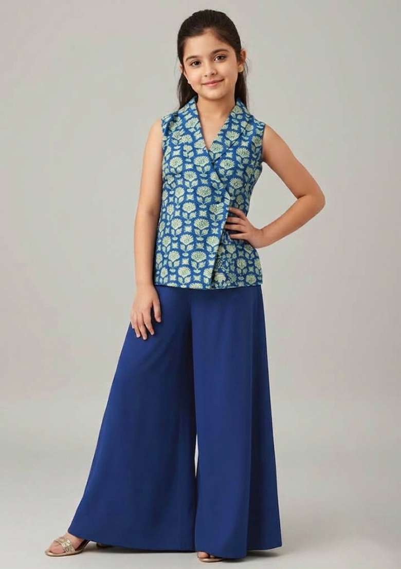 Girls Blue Floral Print Silk Fusion Set - Indya